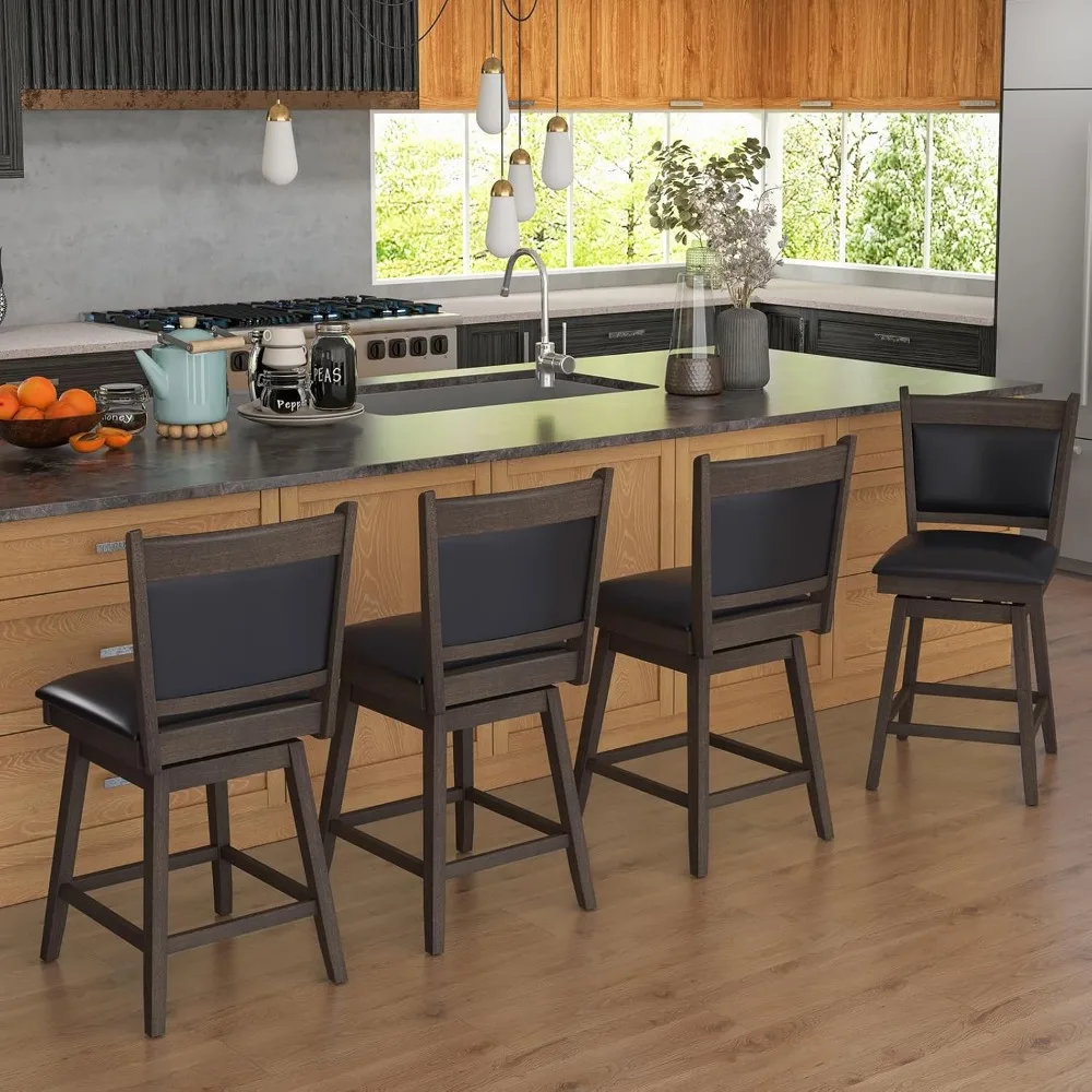 Zestaw 4 tapicerowanych krzeseł barowych obrotowych z ergonomicznym oparciem, podnóżkiem i nogami z drewna kauczukowego, drewno z imitacji skóry