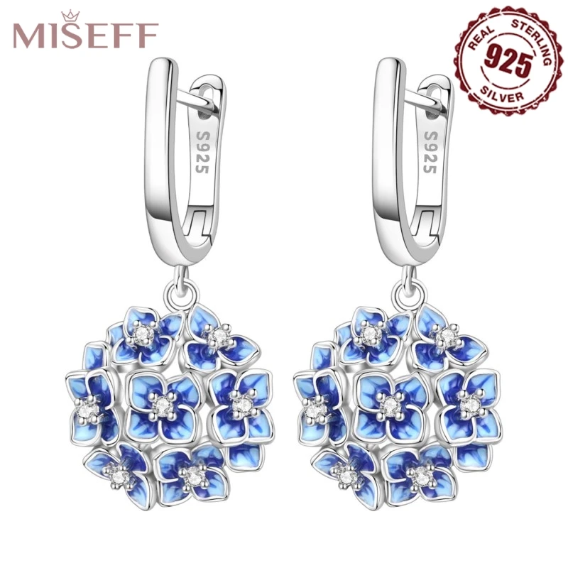 MISEFF S925 Sterling Silver Drop Earrings Blue Hydrangea Earring Iris Butterfly Orchid Lotus Eardrops Fine Jewelry Women Gifts