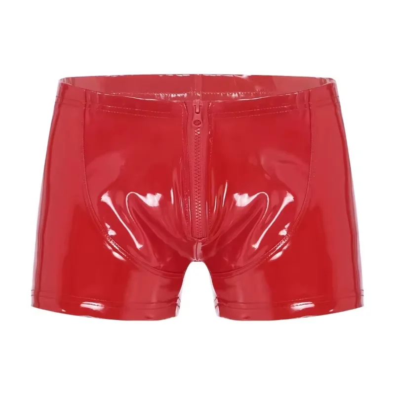 Sexy Men's Red Black PVC Shiny Patent Leather Boxer Shorts with Exotic Zipper Detailing - Fetish Underwear for Beach Swimwear