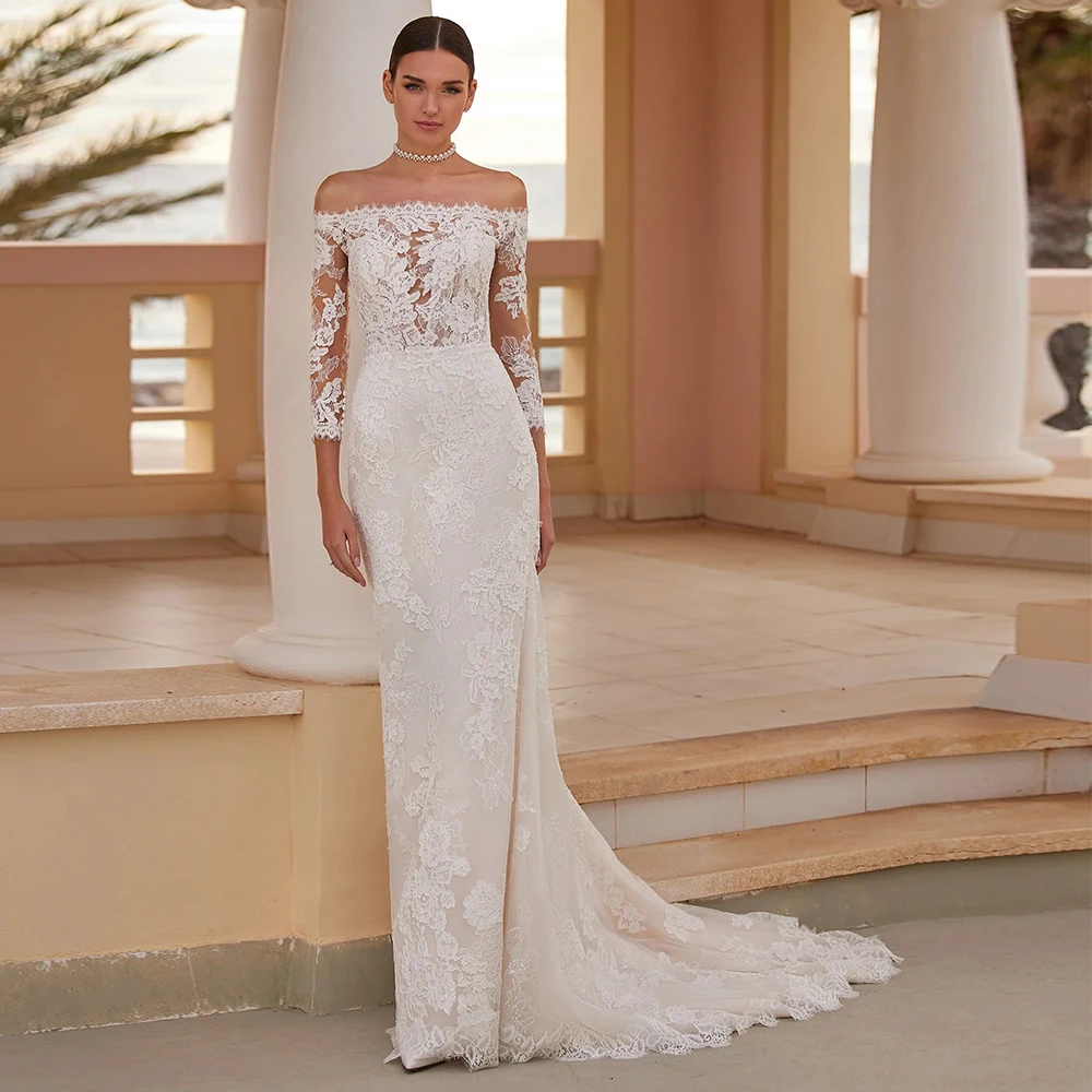 

Delicate Boat Neck Lace Mermaid Wedding Dresses Ladies Three Quarter Sleeves Appliques Court Train Corset Bridal Dress 2024