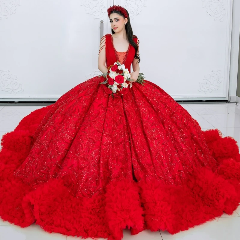 

Red Shiny Quinceanera Dresses Off The Shoulder Sequin Applique Lace Beading Crystal Tiered Tull Corset Party Birthday Sweet 16