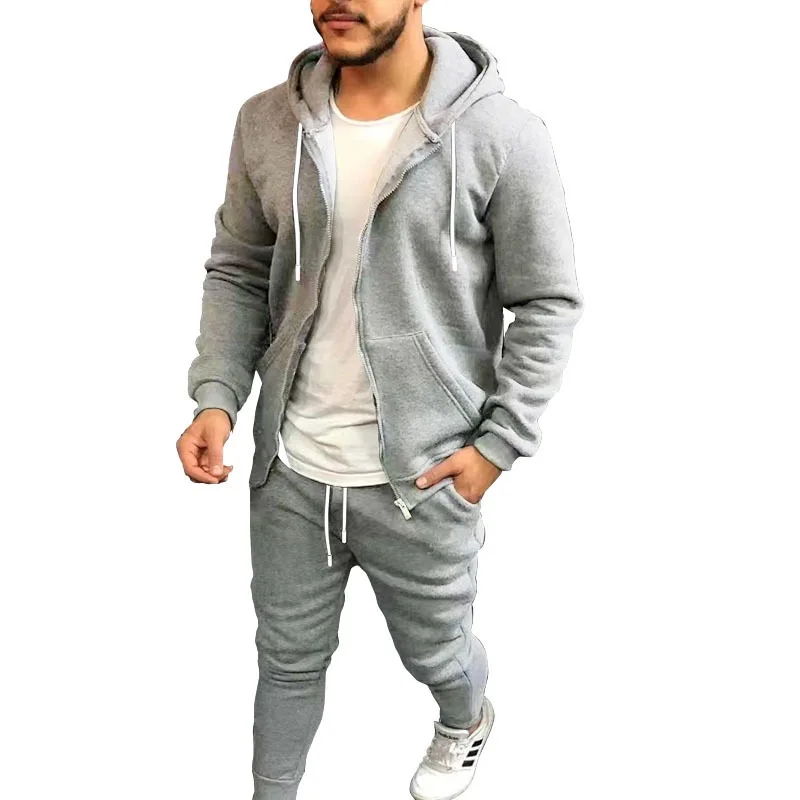 Spring Autumn Sports Mens Sets Solid Color Fashion Casual Suit Hooded Cardigan Coat and Trousers Menswear Two Piece Set