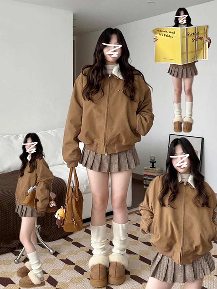 

Women's Baseball Sle Jaet Coat Lamb Fur Vest Autumn Winter New Faion Retro Korean Loose Fit Long Sve Collar