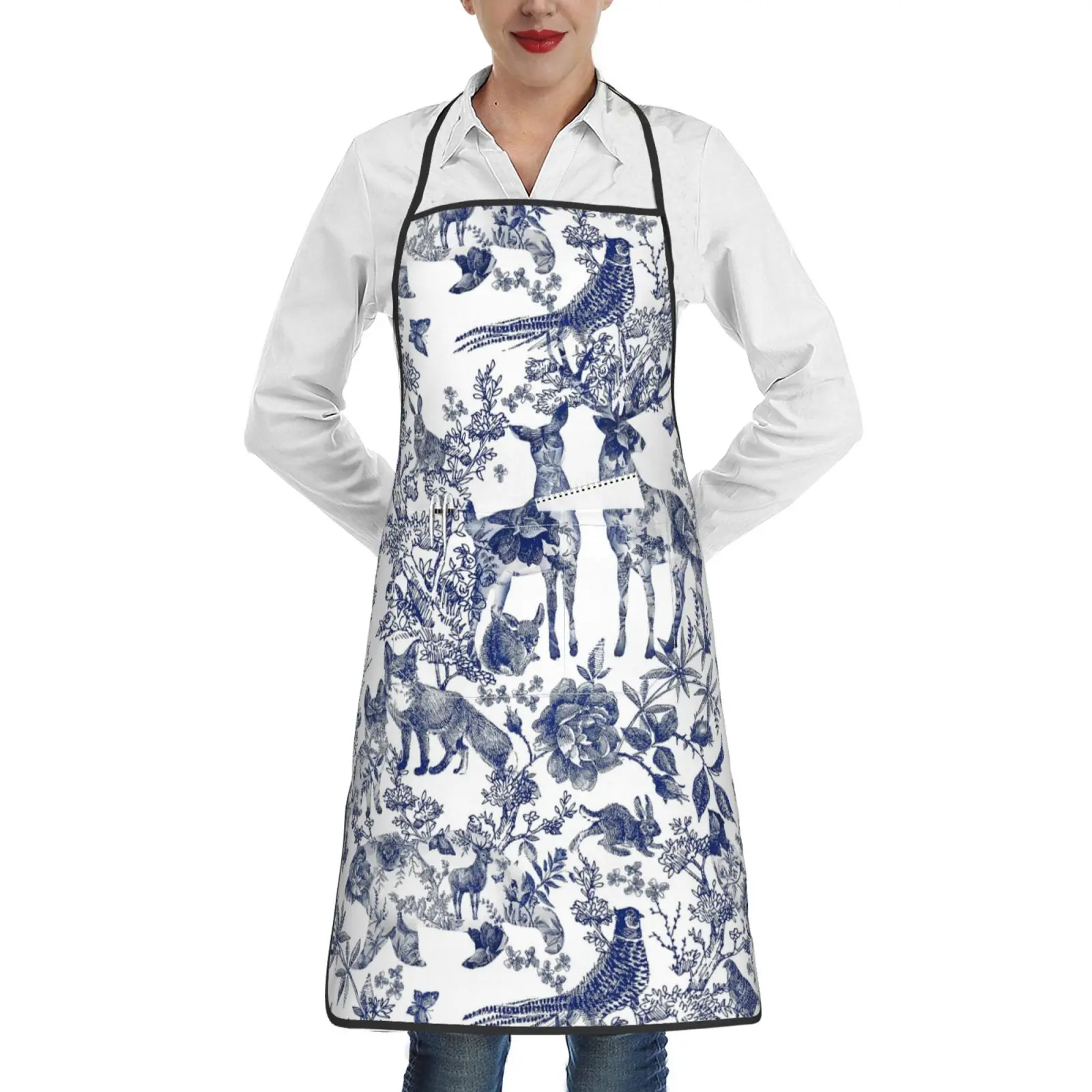 Cute Fox Bird Deer Pattern Apron Women Men Children's Cooking Oil-Proof Kitchen Cooking Bib Apron Home Textile