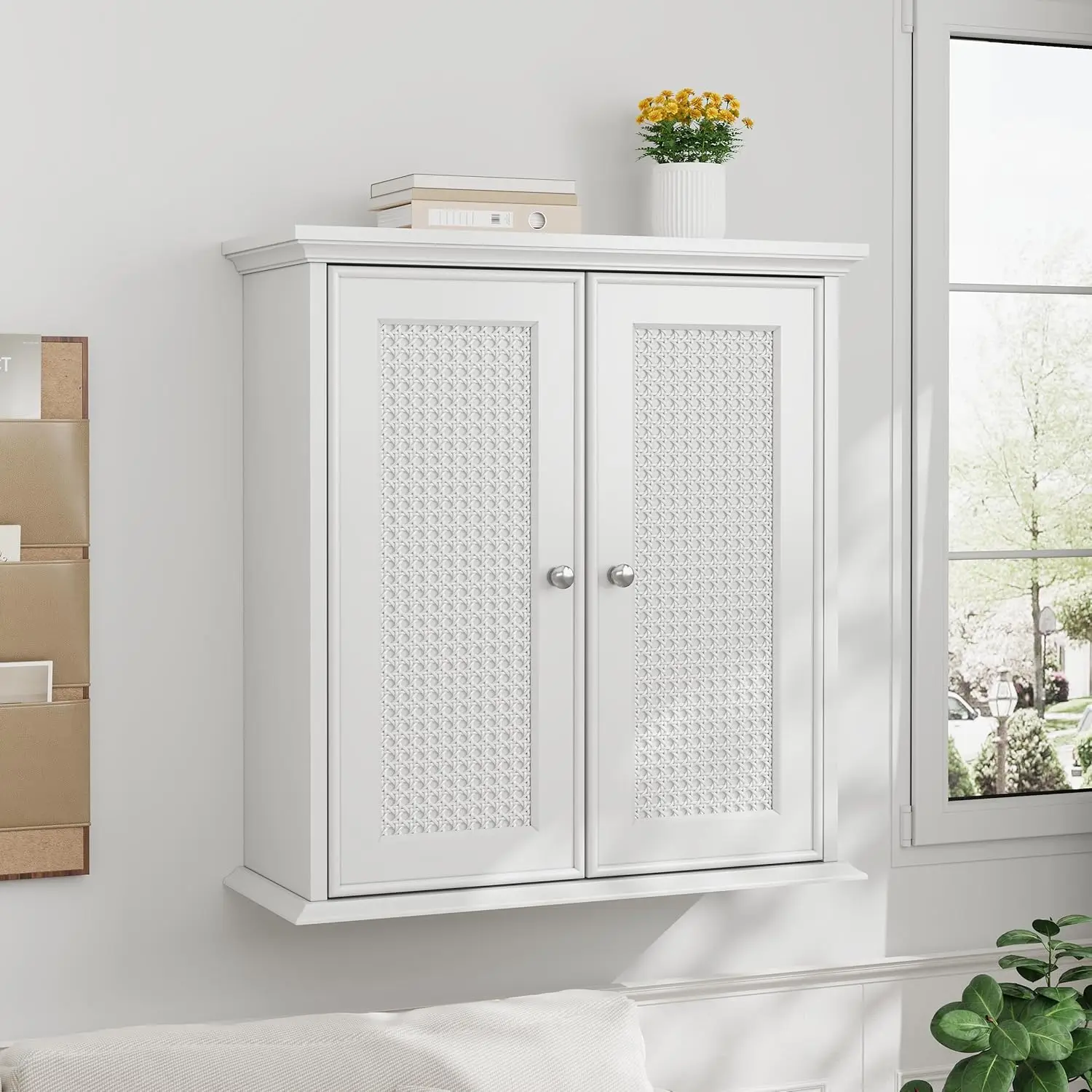 

White Bathroom Cabinet Wall Mounted With Rattan Doors, Bathroom Medicine Cabinet With Adjustable Shelf, Bathroom Wall Cabinet