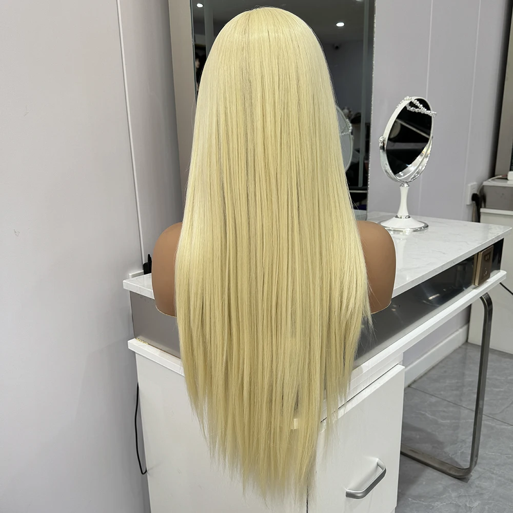 Syntetyczne blond peruka koronkowe peruki damskie długie proste jedwabne włosy bezklejowe naturalną linią włosów włókno termoodporne Cosplay