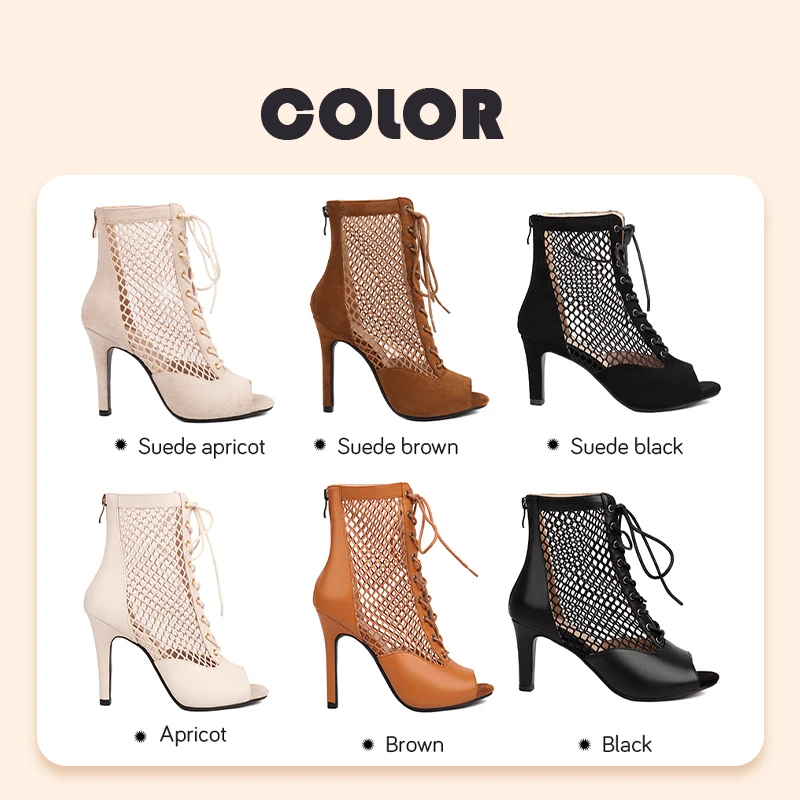 HROYL Suede Women's Latin Dance Shoes High Top Lace-up Hollow High-heeled Soft Soles Jazz Tango Salsa Pole Ladies Dancing Shoes