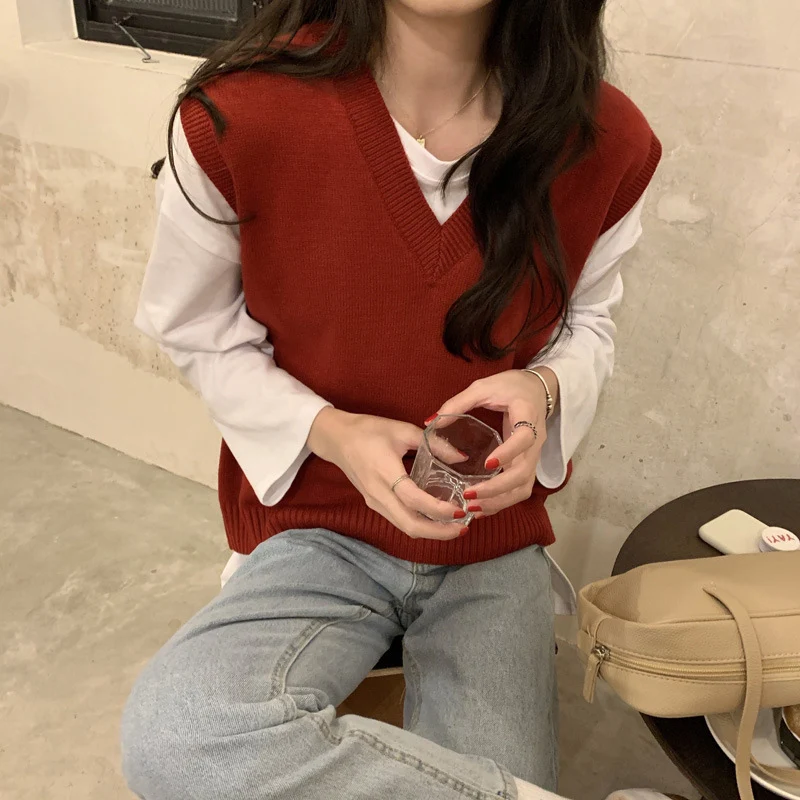 기본 회색 스웨터 조끼 여성 대학 스타일 한국 민소매 니트 조끼 봄 가을 솔리드 컬러 캐주얼 v 넥 양복 조끼