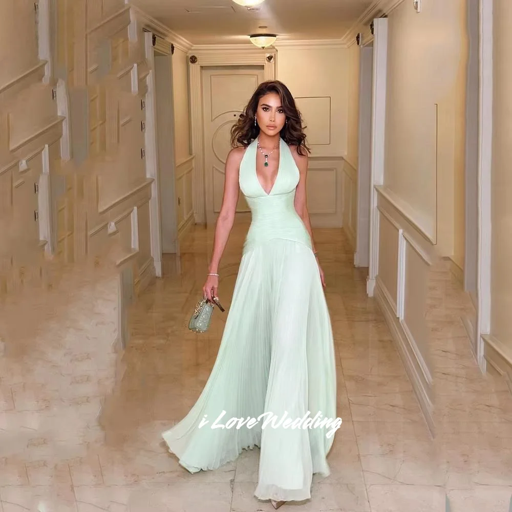 

Green Chiffon Halter Prom Dress Sleeveless A-Line Backless Modern Floor-Length Saudi Arabia Dubai Evening Dress Pleated Customiz
