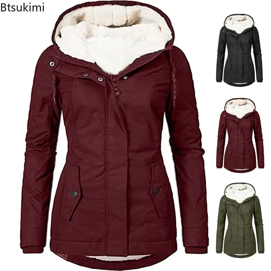 2026 New Winter Women Warm Parkas Hooded Thick Plush Coats Female Mid-Long Cotton Jacket Warm Solid Coat Lamb Wool Thick Jacket
