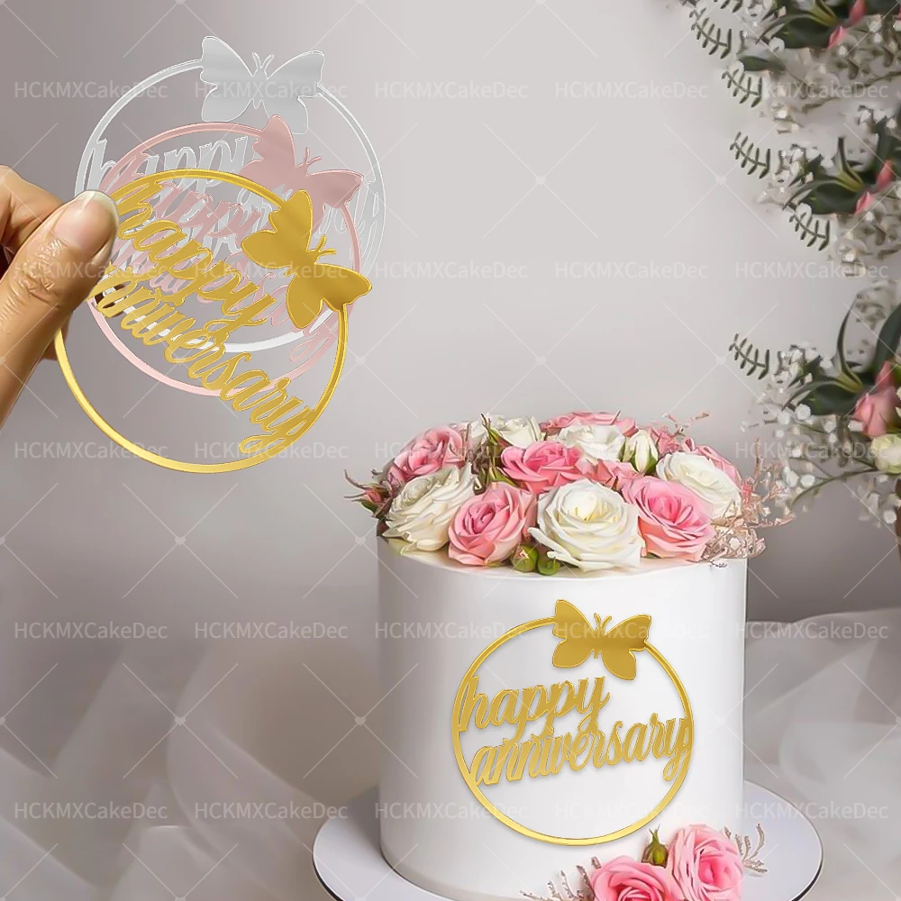 Nuevas adornos redondos de acrílico para tarta de feliz aniversario con mariposa para decoración de postre y pastel de fiesta de aniversario de boda