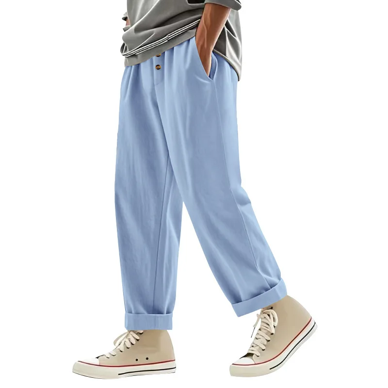 Herren Boho Leinenmischung Weite Hose mit Hoher Taille, Kordelzug, Knopfleiste, Lockerer Passform und Seitentaschen – Detail 33