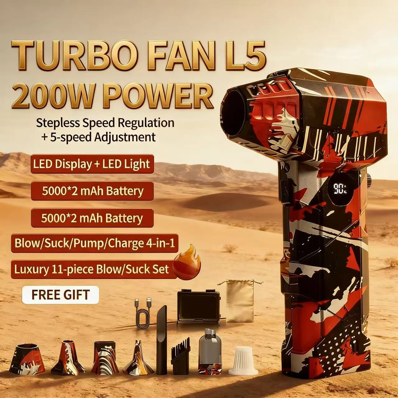 

L5Pro Воздуходувка 200000 об/мин Турбоструйный вентилятор Мощный компьютерный пылеудув Инструменты для очистки Тип-C Перезарядка Портативная ручная дрейка