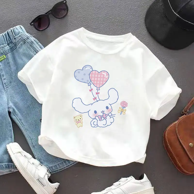 

New Anime Sanrio Cinnamoroll Cartoon Kids T-shirt Summer Cute Printed Boys Girls Casual Cotton Short-sleeved Tops Children Gifts