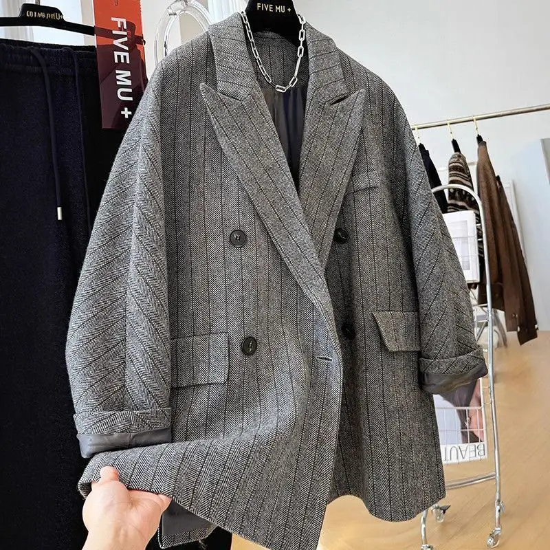 Solid Color Woolen Suit Jacket Autumn and Winter New Korean Style Women Loose Big Size Western Style Mid-length Casual Coat
