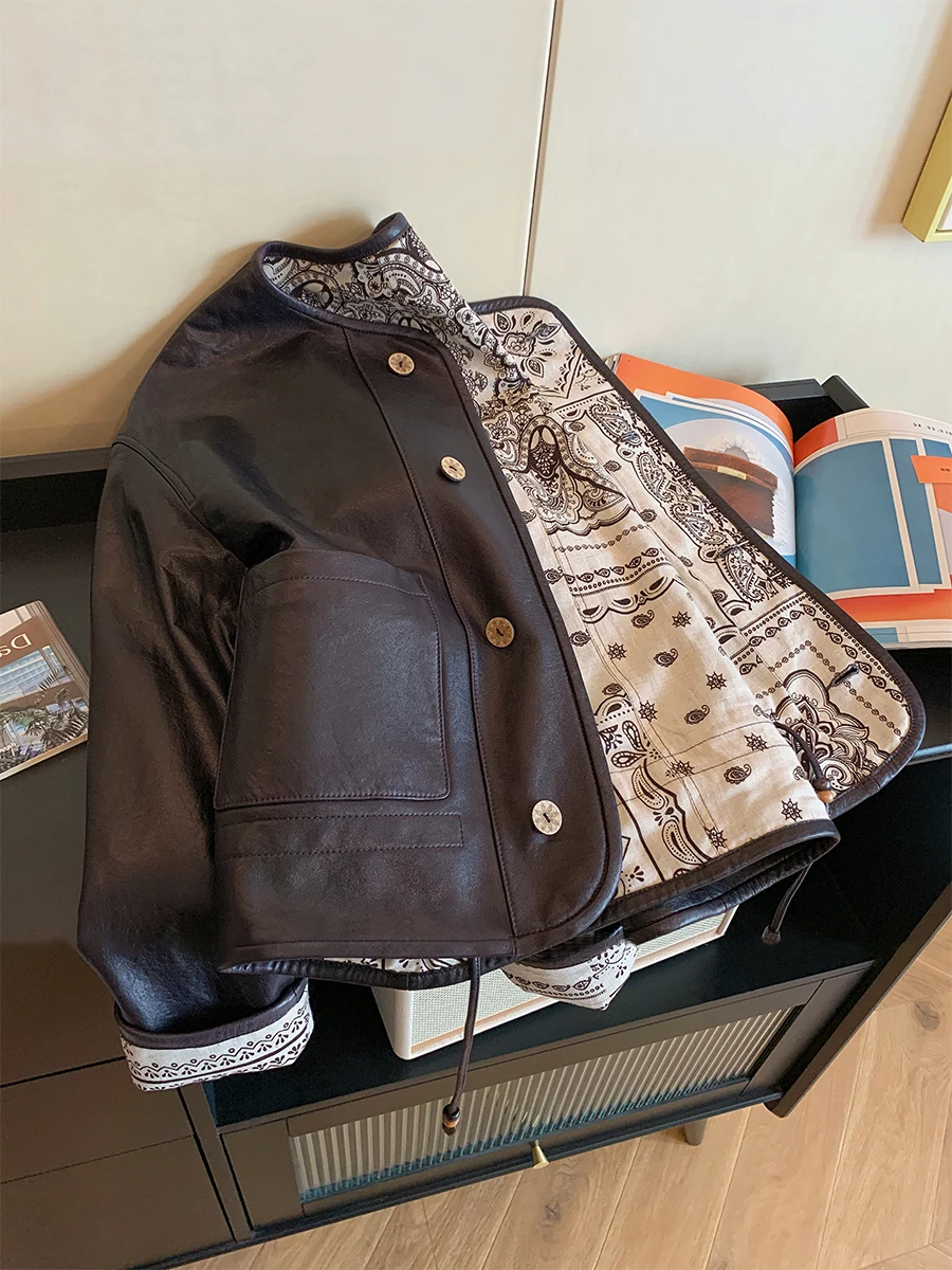 

Винтажные свободные женские пальто, модная уникальная однотонная кожаная куртка, универсальный однобортный топ с круглым вырезом