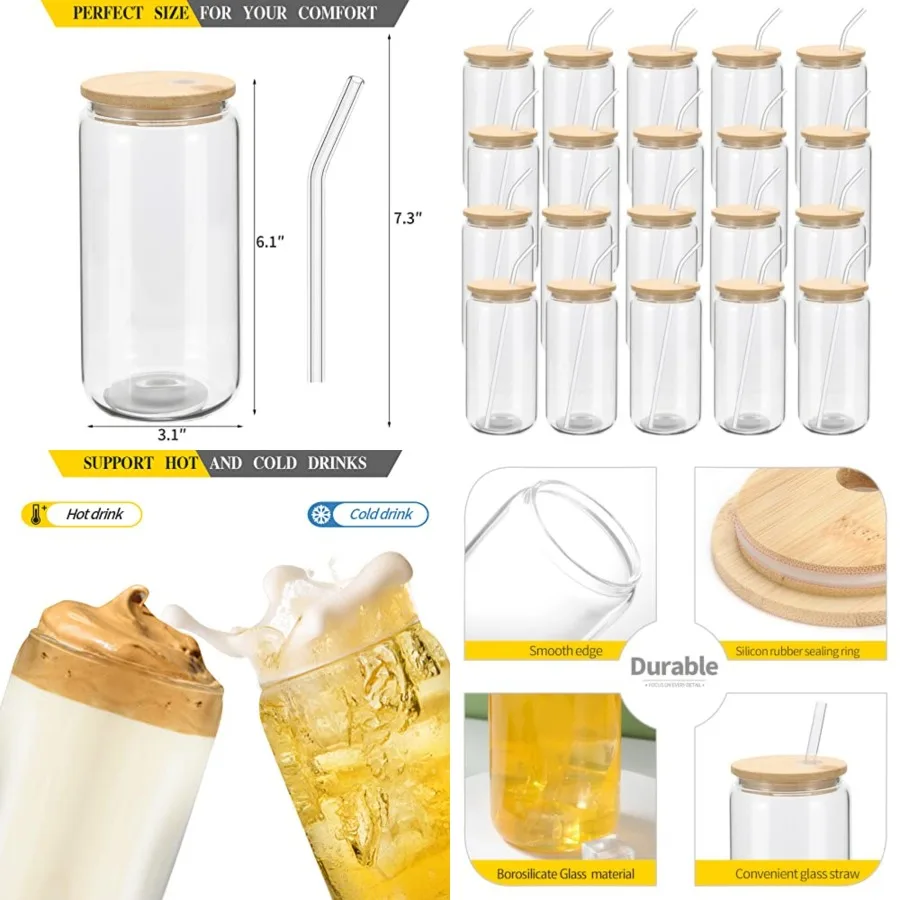 

20 Pack Glass Cups with Bamboo Lids and Glass Straw 16oz Beer Can Shaped Drinking Glasses Cups, Glass Tumbler Reusable Cute Cup