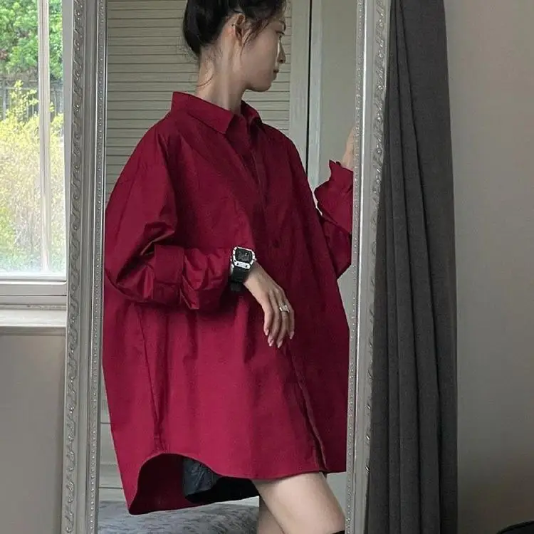 

Женская модная блузка большого размера (300 Pou) с длинным рукавом, винно-красного цвета, в корейском стиле, осенняя, винтажная