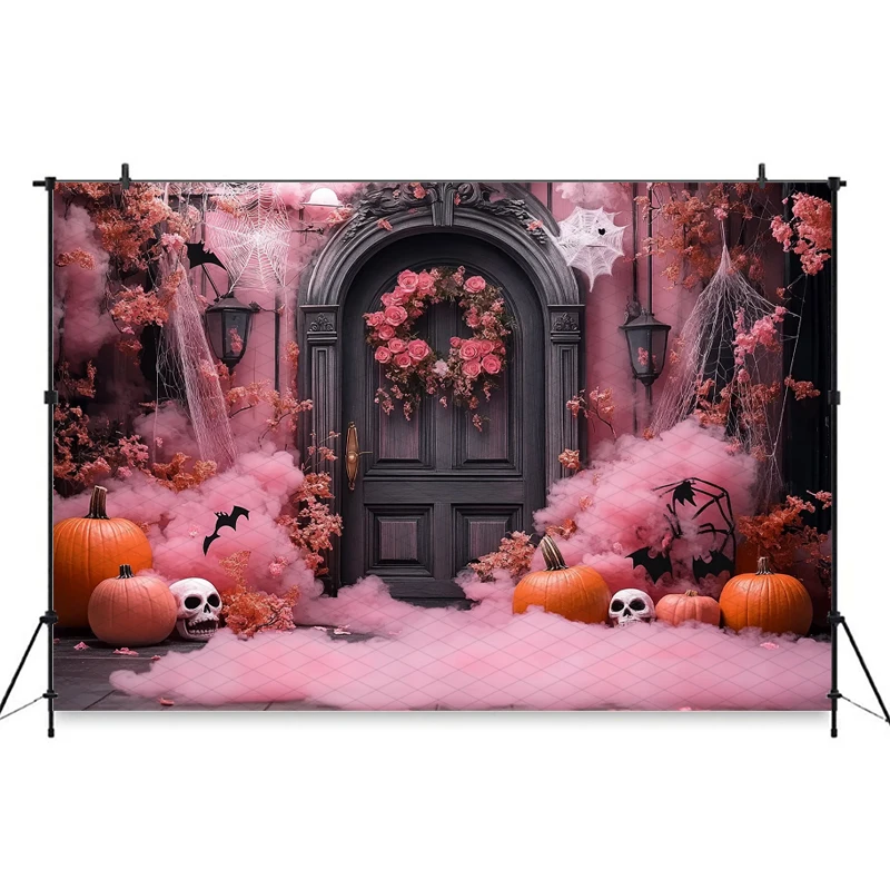 Mocsicka Halloween Photography Background Wood Door Pink Flowers Rose Bat Spider Web Autumn Pumpkin Party Decors Photo Backdrops