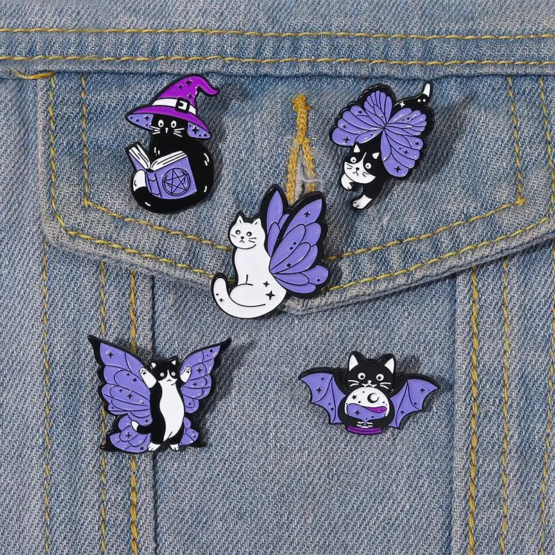 Purple Butterfly Cats Enamel Pins Custom Witchcat Brooches Insect Lapel Badges Animal Jewelry Gift for Kids Friends