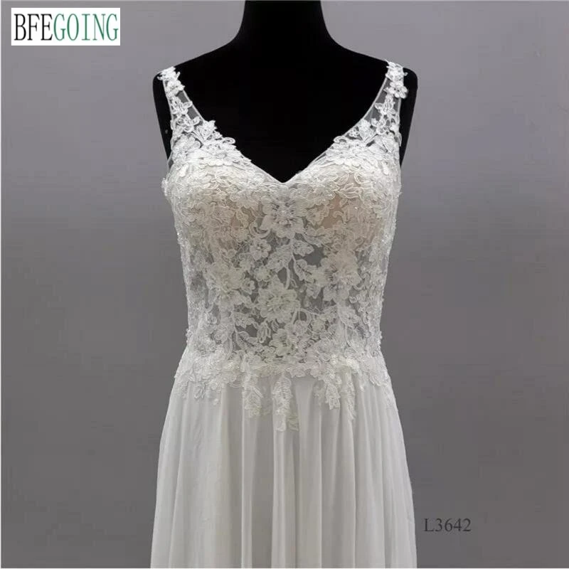 Vestidos de novia de satén con Apliques de encaje de color marfil con cuello en V, de línea a vestidos de novia, tren de la capilla, vestidos de novia sin mangas largos hasta el suelo hechos a medida