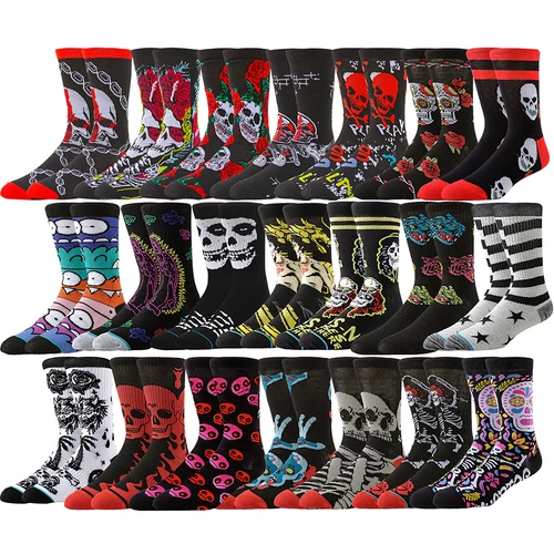 Imagen 1 del producto Calcetines de tubo para hombre y mujer, medias deportivas con diseño de calavera y rosa, novedad creativa, calcetines divertidos de estilo callejero feliz, monopatín, baloncesto