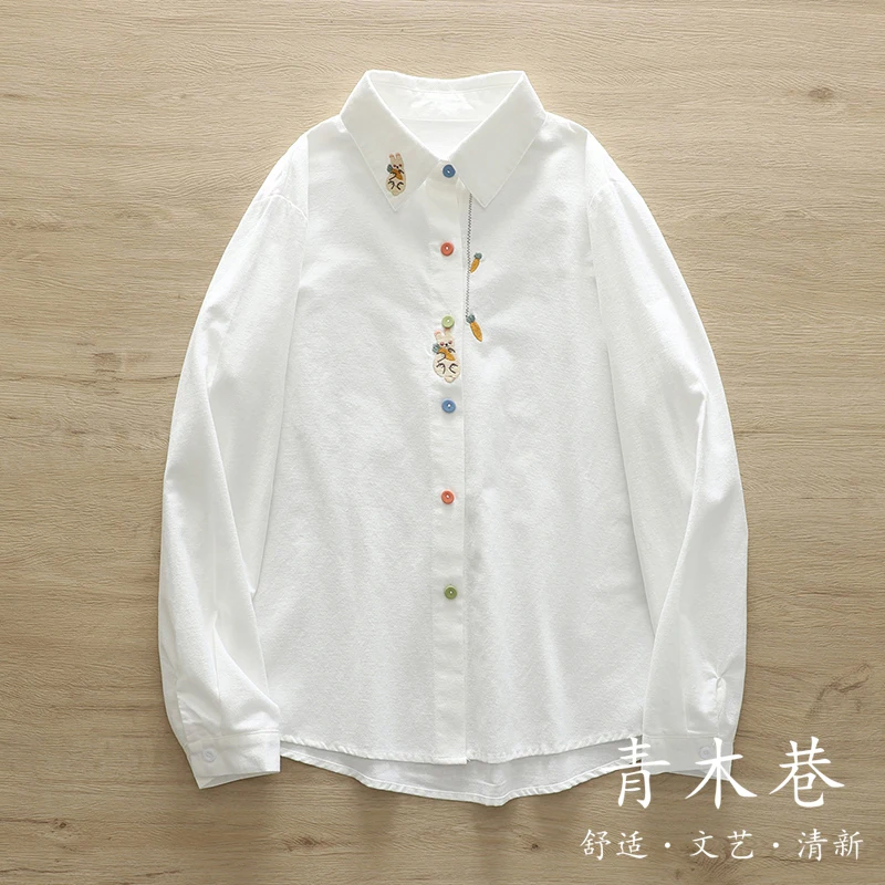 Bomon Y2K Japanese Korean Literary Cartoon Embroidery Rabbit Carrot With Shoulder Brushed Feminine Chic Trend White Shirt