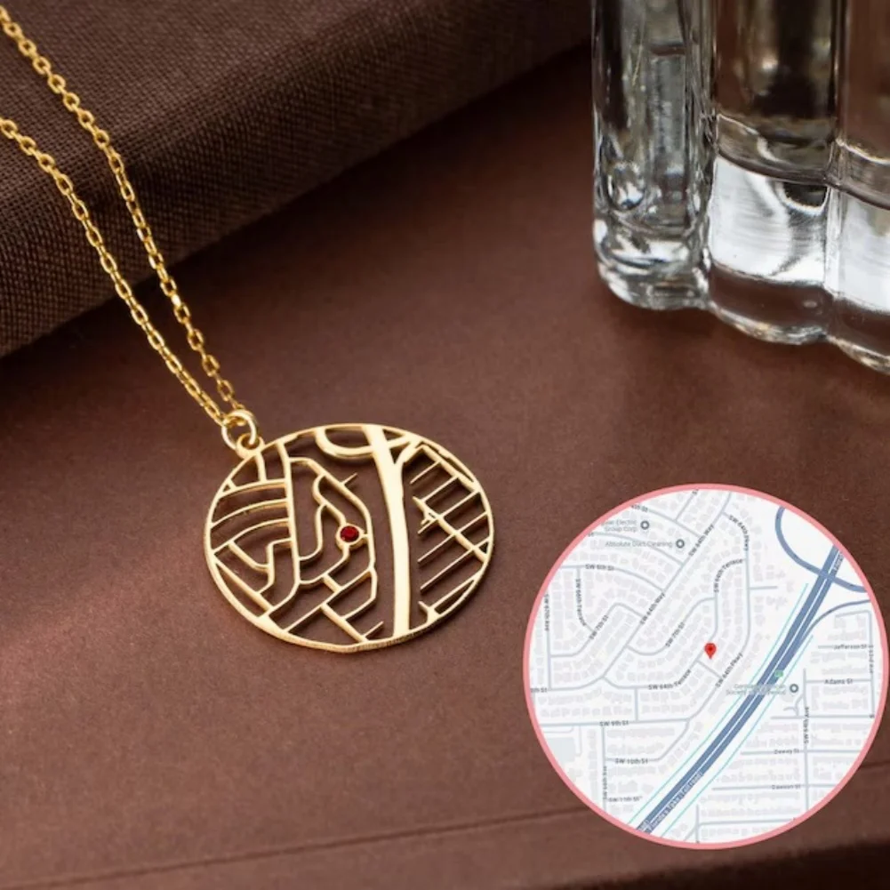 Custom Map Necklace with Birthstone Personalized Map Jewelry First Date Location Necklace for Travelers First Kiss Coordinates
