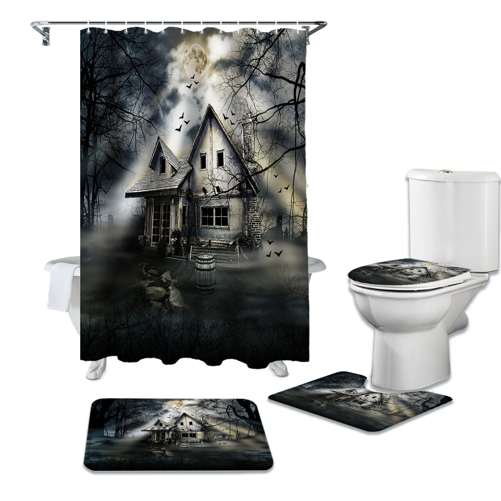 Woods Moon Bat Haunted House Shower Curtain Sets Non-Slip Rugs Toilet Lid Cover and Bath Mat Bathroom Curtains Set