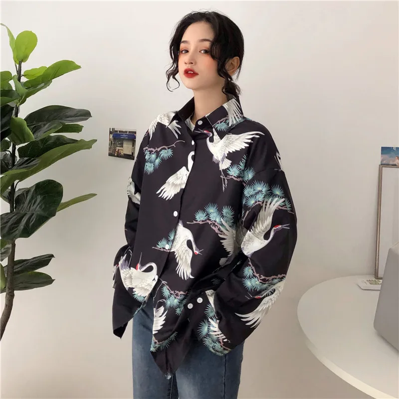 Chinese Style Women Blouses 2024 Spring Summer Shirts Long Sleeve Harajuku Vintage Chic Crane Printed Blusas Daily Streetwear