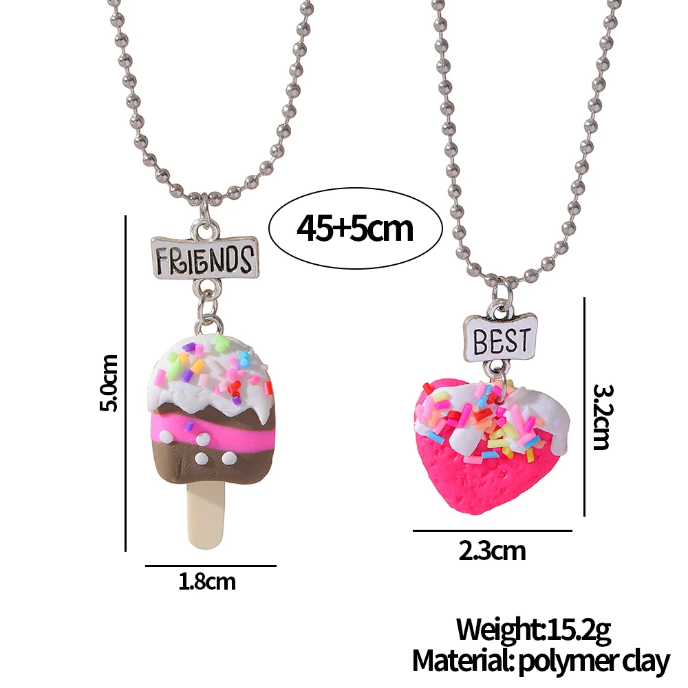 15 Style Polymer Clay Pendant Best Friends Necklace Set BFF Fimo Rainbow Lollipop Ice Cream Cones Charm Beads Chian Kids Gift