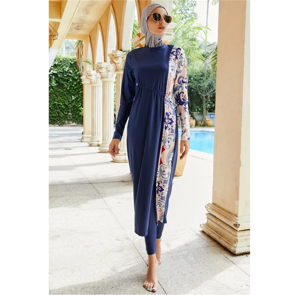 Modest Islamic Swimwear Print Robe Long 3 Piece Set Burkini Muslim Women Swimsuit Swimming Bathing Surfing Wear Full Cover Dress