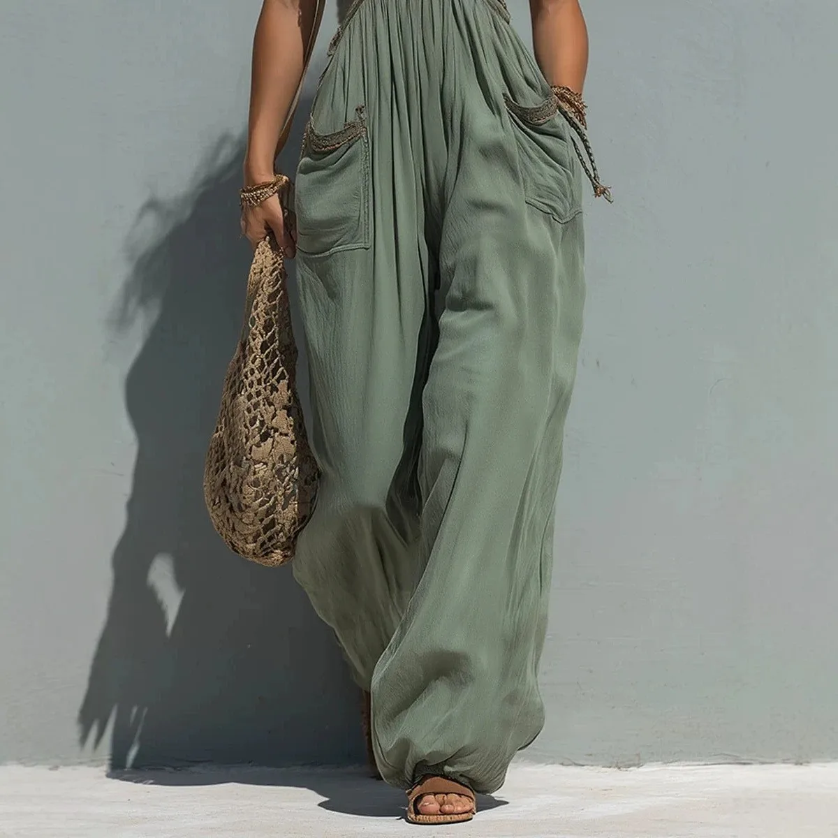 Women's Sage Green Sleeveless V Neckline Jumpsuit High Waist Wide Leg Romper Smocked Waist Maxi Length Solid Color For Woman