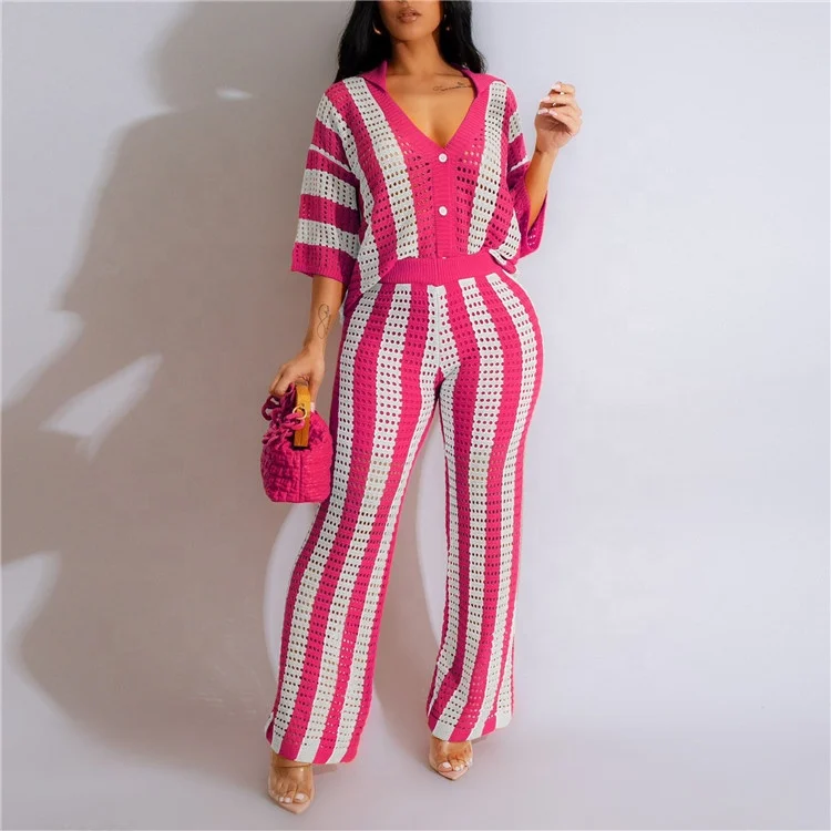 Fashion Knitted Stripes Print Wide Leg Pants Two Piece Sets Women V Neck Button Short Sleeve Top And Pants Outfits