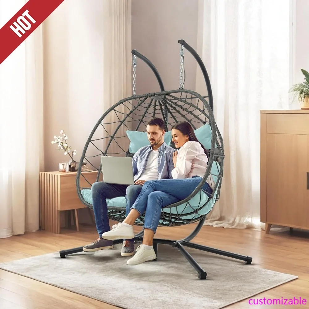 Highly Recommended-2 Person Double Egg Swing Chair With Stand Indoor Outdoor, Hammock Swing Chair Foldable Hanging Chair, Patio