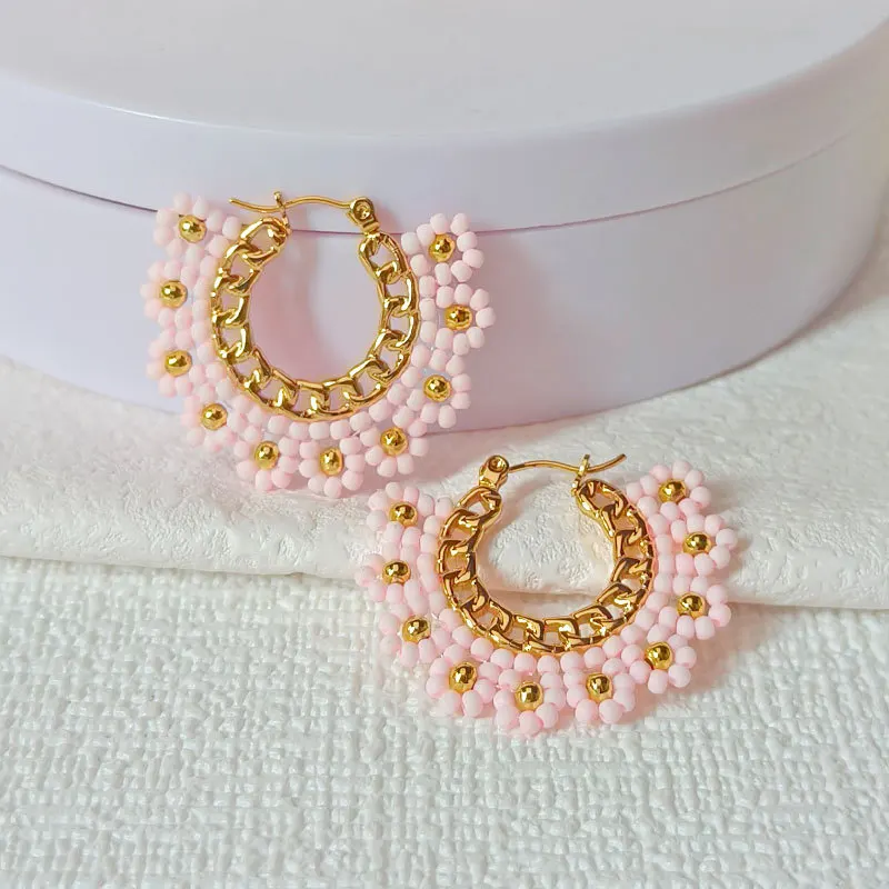 

Beaded earrings Flowers Hand knitting Originality Design Bohemia Alloy Tide Female Crystal Simple Rice bead earrings