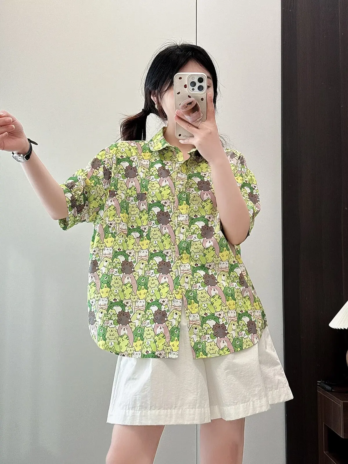 ใหม่2025ฤดูร้อนผ้าฝ้ายแขนสั้นเสื้อผู้หญิงTurn-Down Collarพิมพ์การ์ตูน, Moriสาวอเนกประสงค์หวานหลวมเสื้อt55575CC