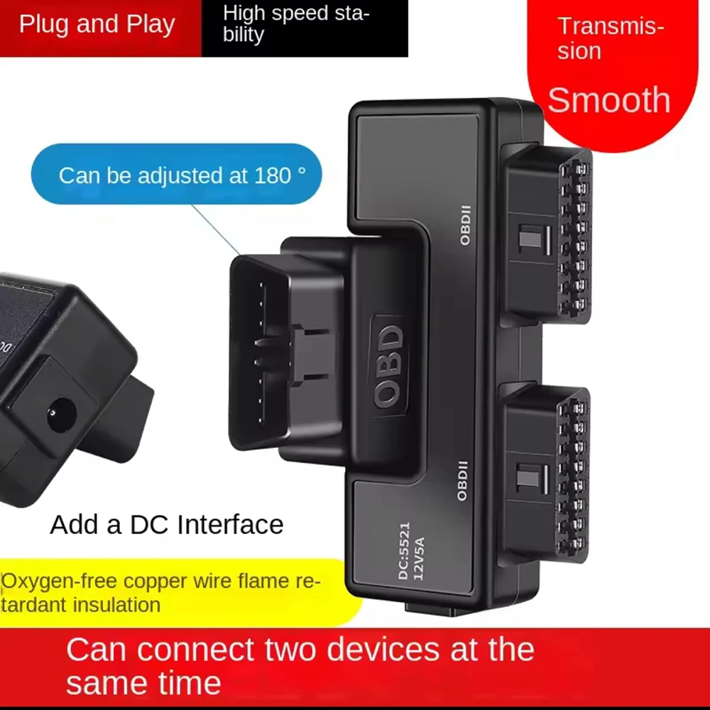 Car OBD2 1-to-2 Foldable Adapter Cable 16-Pin 16-Core Fully Powered for Dual Device Connection with 180° Rotation & DC Charging