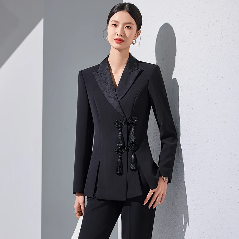 ZJYT Chinese Style Women Jacket Pant Sets Two Piece Elegant White Black Outfit Business Formal Blazer Suits Trousers Office Lady