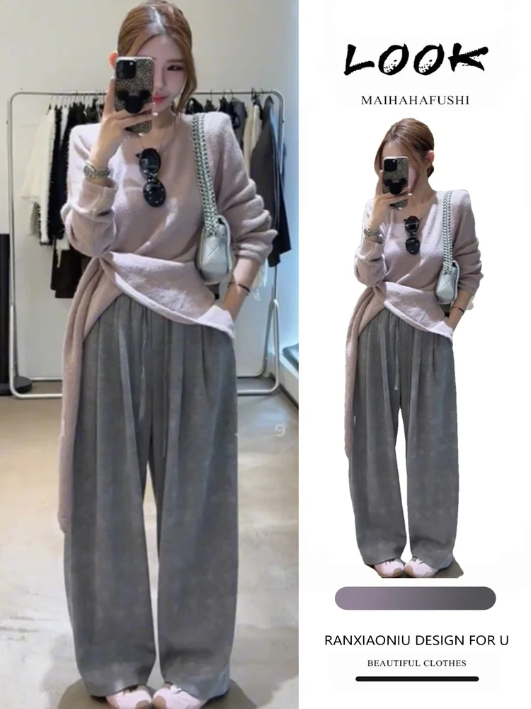 

Faionable Casual Knitted Top And Wide Leg Pants Two Piece Set for Women High Waist Commute Suitable Autumn Season Color