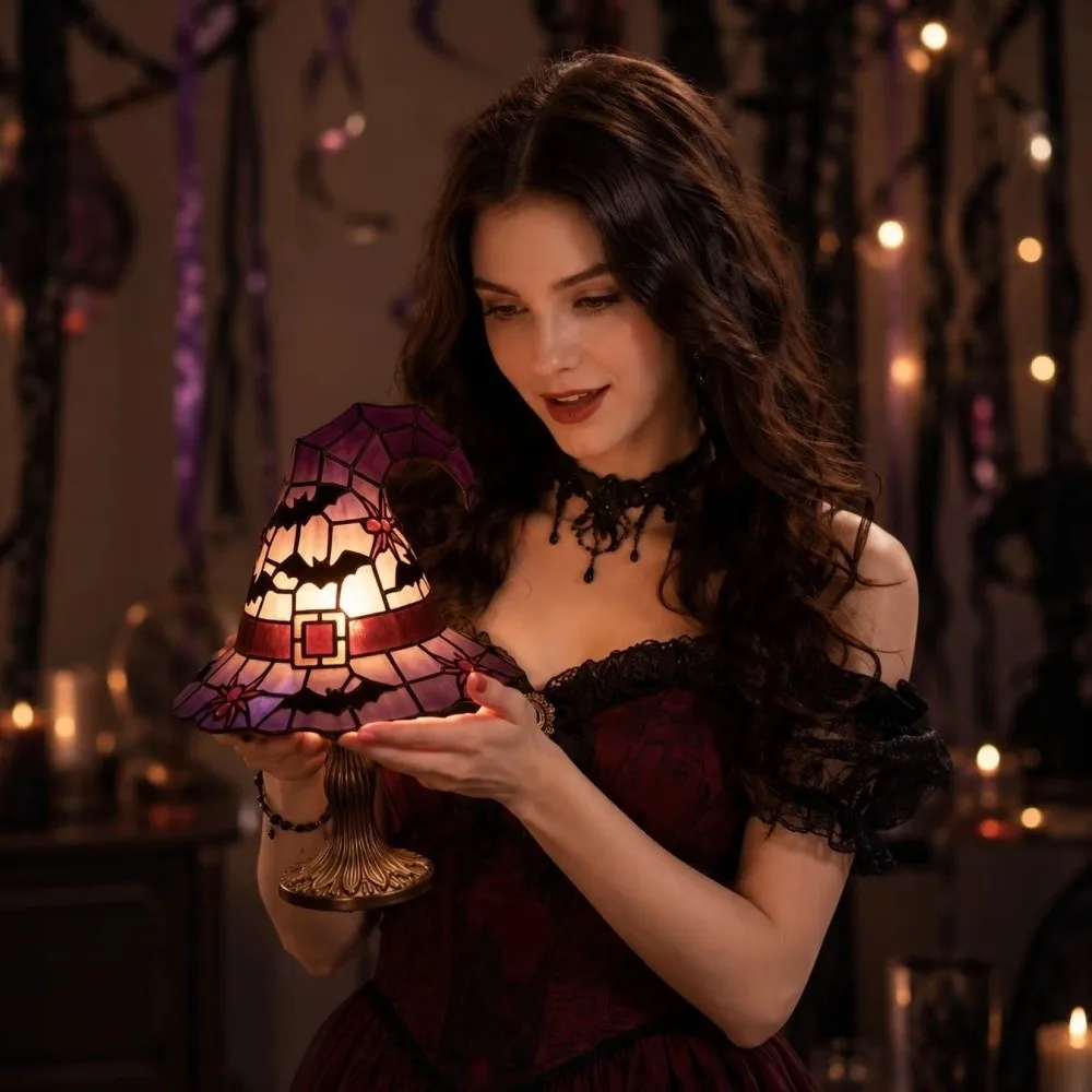 Portable Witch Hat Lamp USB Powered LED Warm Light Halloween Table Lamp Stained Glass Multifunctional Gothic Night Light
