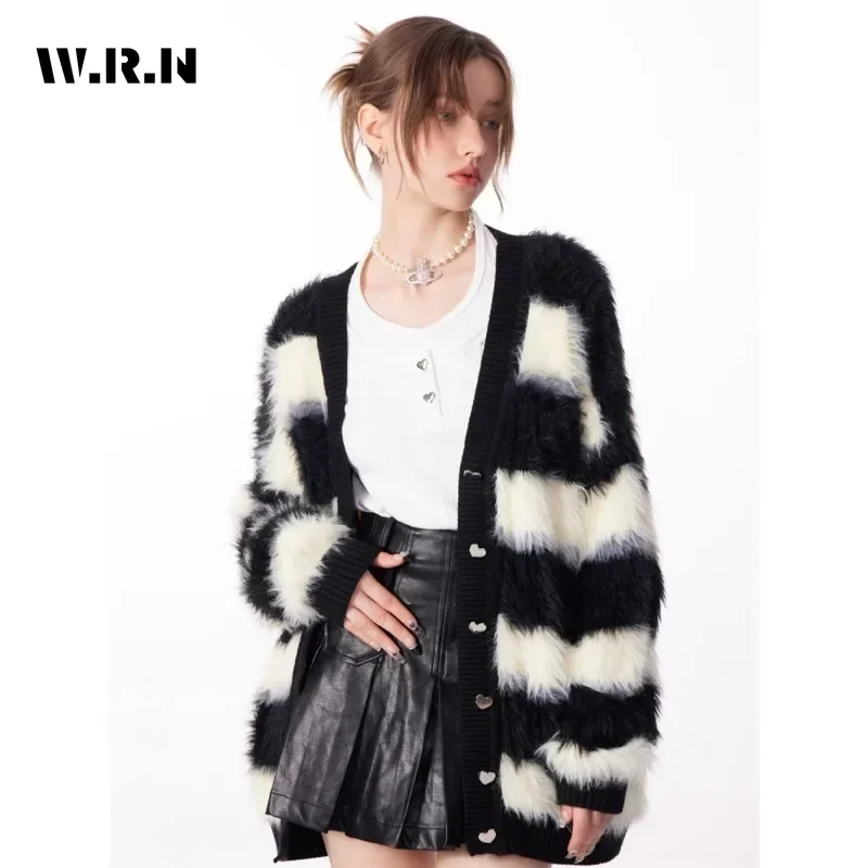 Korean Harajuku Oversized V-neck Mohair Cozy Knitted Cardigan Women Striped Single Breasted Sweater Coat Trendy Spring Fall 2024