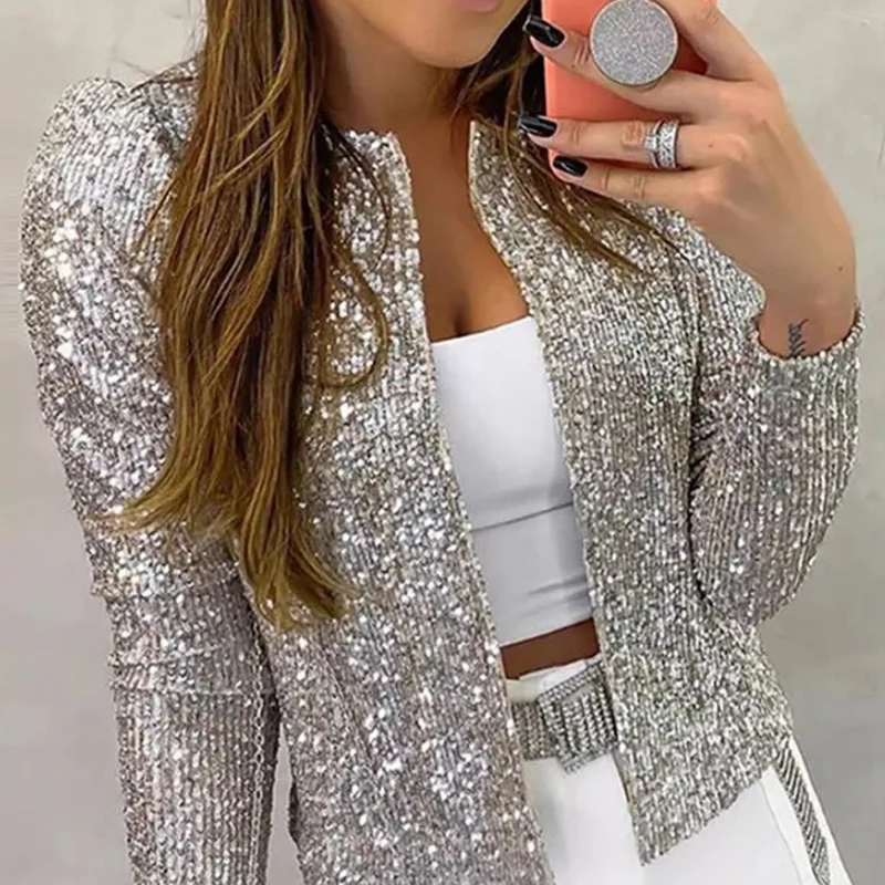 

Autumn Fashion Black Sequin Jackets Women Long Sleeve Glitter Causal Silver Lady Coats Street Wear Yellow Mujer Outwear New