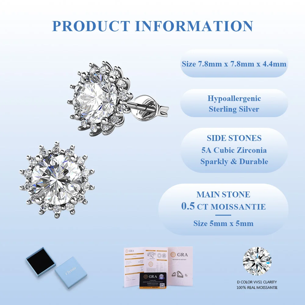 

5.0mm D VVS1 Moissanite Stud Earrings Silver 925 Jewelry Sunflower for Woman 18k White Gold Plated Fine Jewelry with GRA
