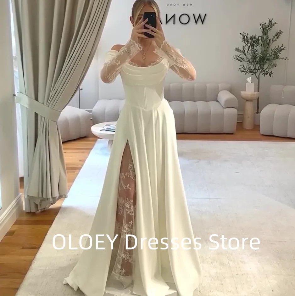 

OLOEY Elegant Lace Boho Wedding Dress Off the Shoulder Customized Illusion Back Side Split Bridal Party Gown Vestidos De Novia