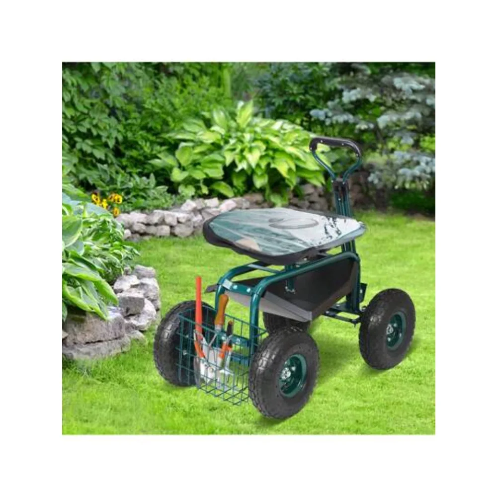 Rolling Garden Cart Work Seat with Wheels, Adjustable Height Gardening Scooter Stool with 360 Degree Swivel Seat, Heavy Duty Utility Wagon with Steering Handle and Storage Tool Tray Basket, for Planting Weeding Pruning Harvesting, Patio Yard Lawn