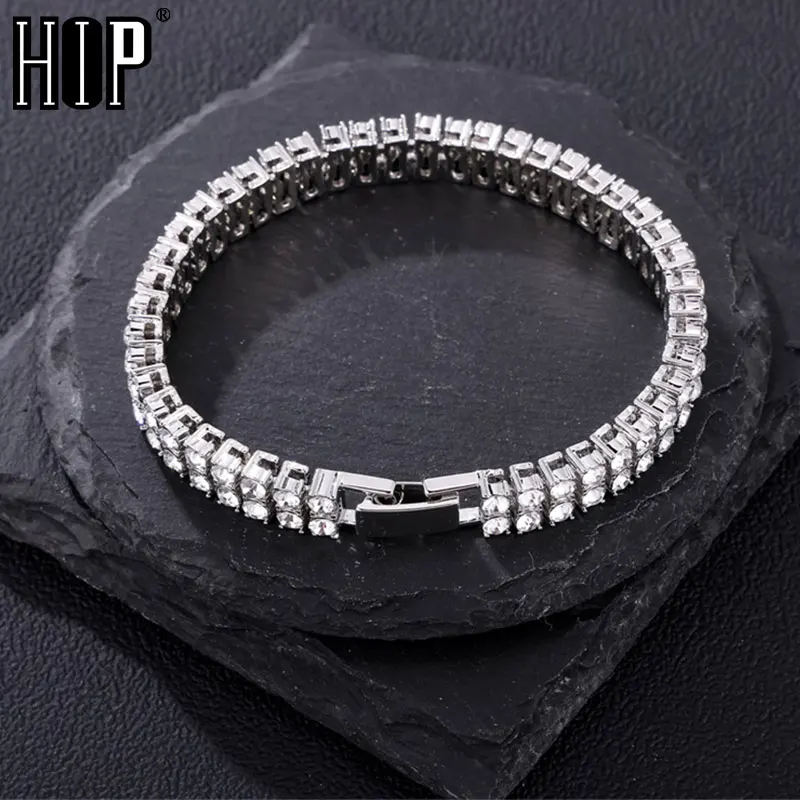 Hip Hop 9MM Bling Iced Out 2 Row Tennis Chain Crystal Men's Bracelet for Men Women Jewelry