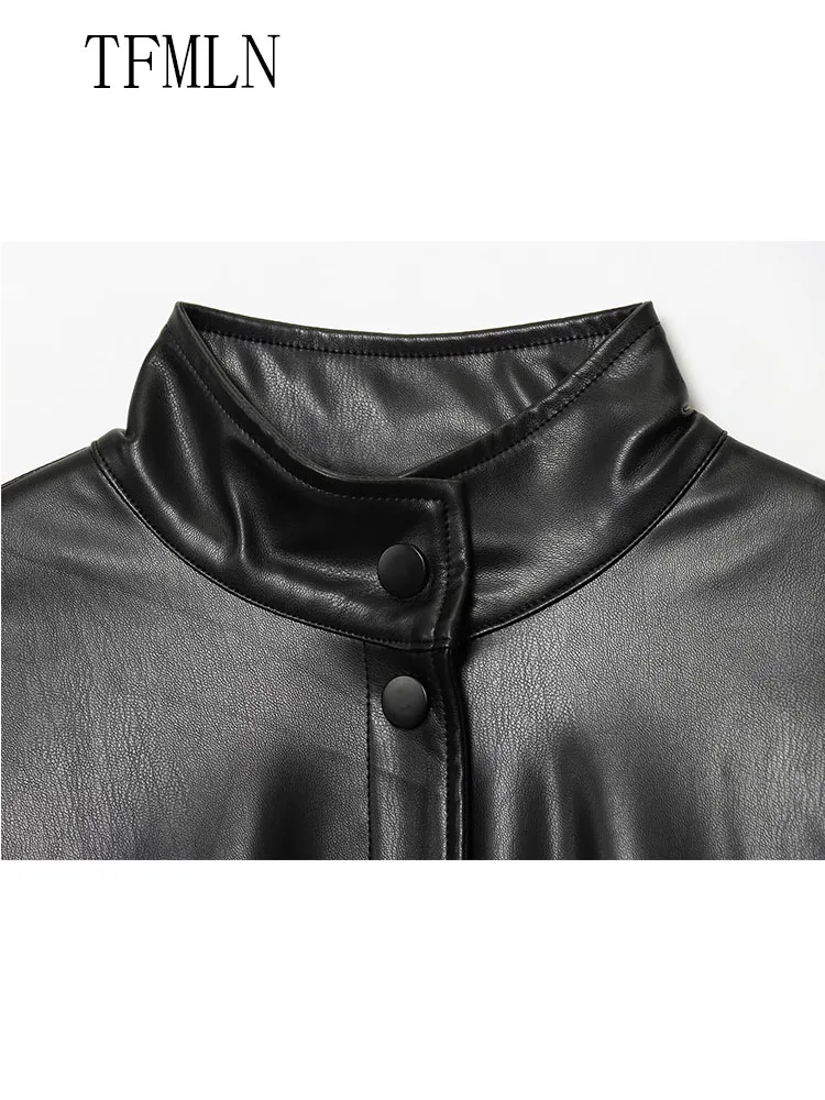 TFMLN 2025 가을 여성 인조 가죽 봄버 재킷 패션 스탠드 칼라 싱글 브레스티드 루즈 코트 캐주얼 모터사이클 아우터웨어