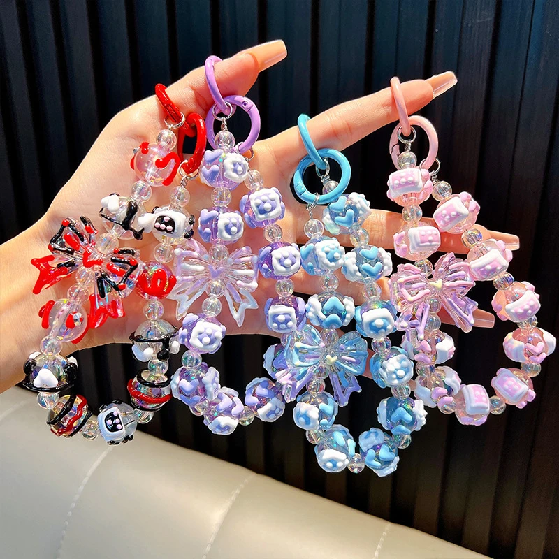 Bowknot Hand Painted Beads Phone Chain Keychain W/Card Sweet Girl Anti-lost Wrist Strap Bracelet Earphone Case Charm Bag Decor