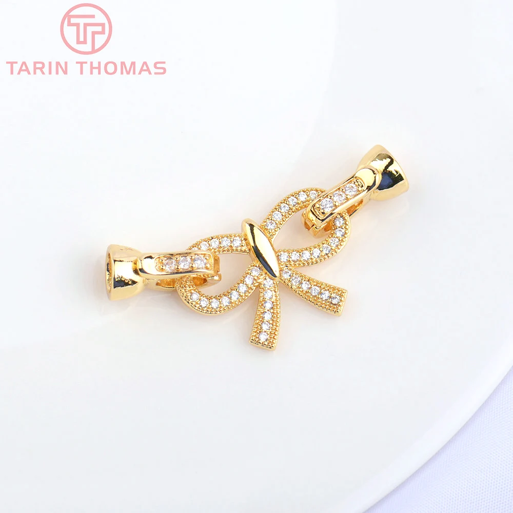 (5061)4PCS 15x39MM 24K Gold Color Brass with Zircon Bow-Knot Bracelet Connector Clasp High Quality Diy Jewelry Accessories